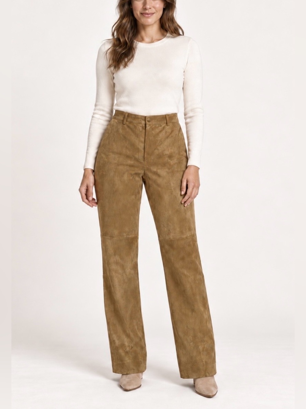 Neiman Marcus Exclusive 100% Suede Tan Camel High Rise Straight Leg Women Pants